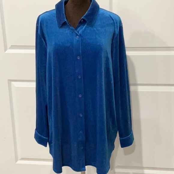 NWT Soft Surroundings Textured Velvet Boyfriend Blue Button Down Shirt Size 2X - Picture 1 of 11